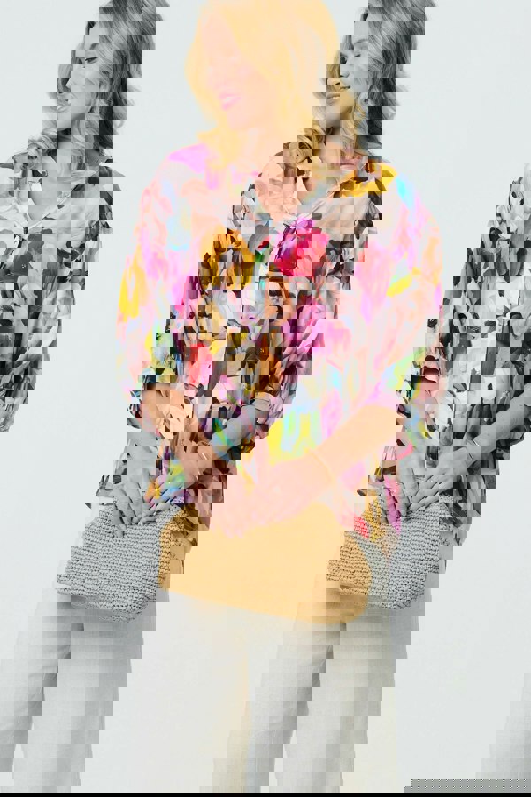 Pink | Brushstroke Print 3/4 Sleeve Shirt : Model is 5'10"/178 cm and wears UK8/EU36/US4/AUS8
