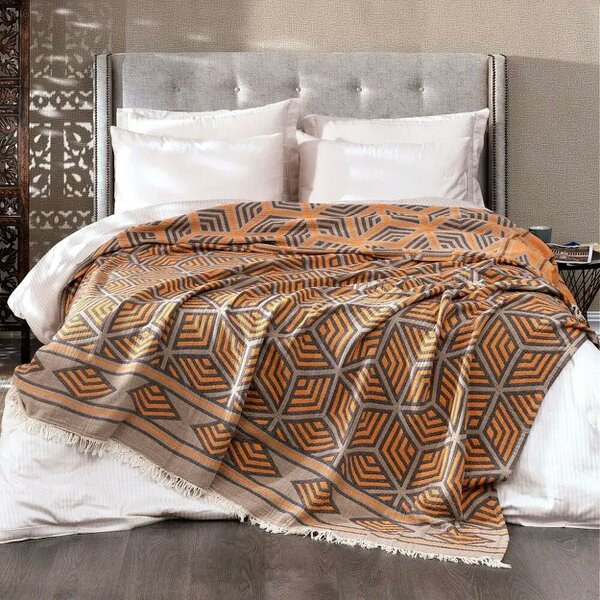 Cotton and Olive Ela Soft Jacquard Cotton Bedspread, Marigold Orange, Double | SECONDS