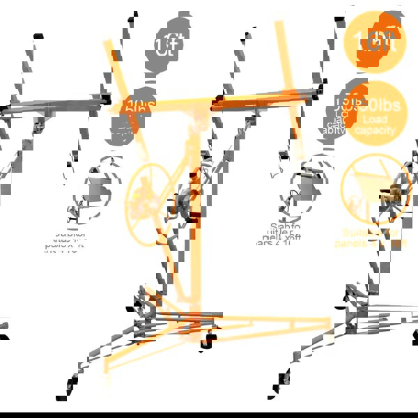 16ft drywall and plasterboard lifter hoist in bright orange, featuring sturdy wheels, adjustable arms, and a load...