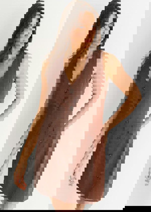 Gini London Chocolate Linen Button Through  Mini Shirt Dress