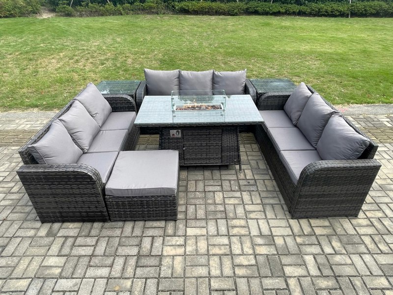 Fimous Rattan Outdoor Garden Furniture Set with Gas Fire Pit Table, 2 Side Tables, 3 Sofas, 1 Footstool - 10 Seater - Dark Grey