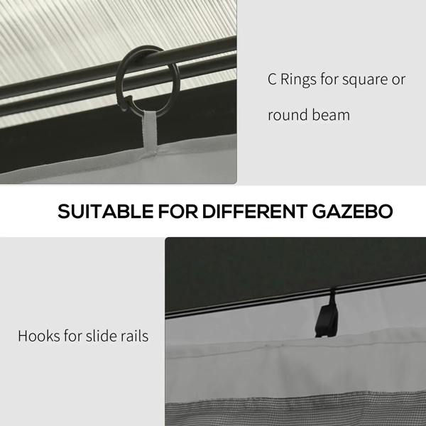Black C rings and slide-rail hooks for mounting light grey gazebo sidewall curtains