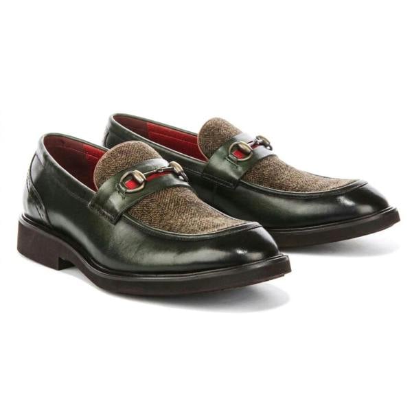 Justin Reess Tristian - Men's Green Leather Herringbone Tweed Loafers