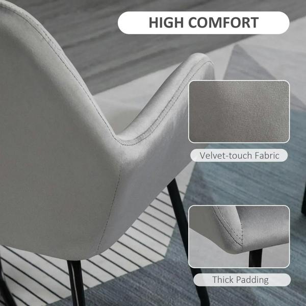 Grey upholstered arm chair with velvet-touch fabric look, thick padding, and stitched seams