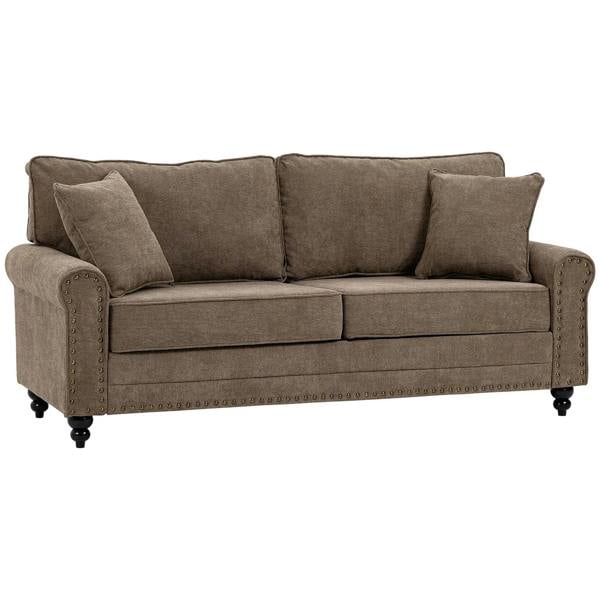 Brown fabric 3-seat sofa with two throw pillows, rolled arms, nailhead trim