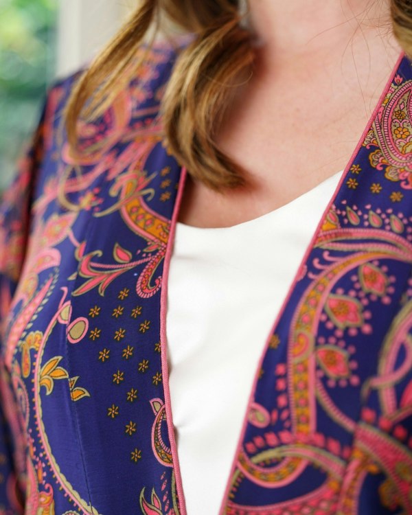 Antonia York Pink & Navy Blue Kimono | Emily Lightweight Silky Paisley Robe