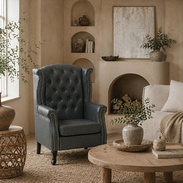 Wyld Haus Radima Grey Faux Leather Chesterfield Wingback Accent Armchair With Nail Head Trim