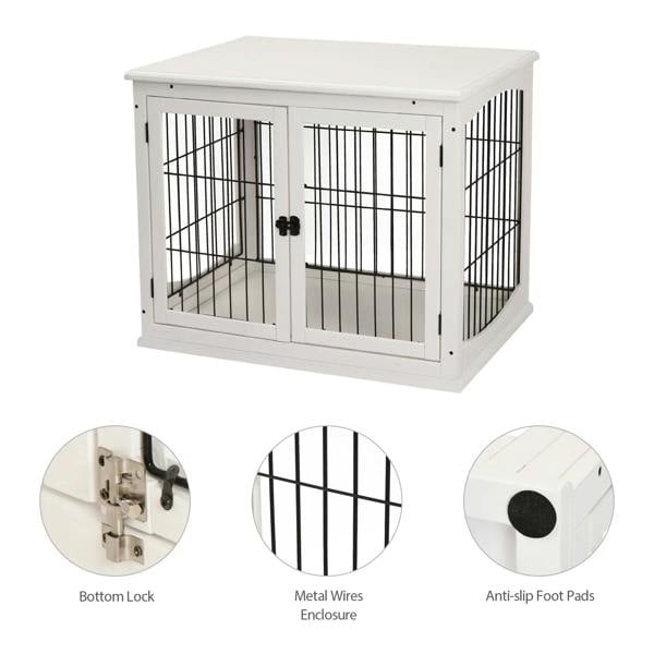 White dog crate end table with wire enclosure, bottom lock, anti-slip pads