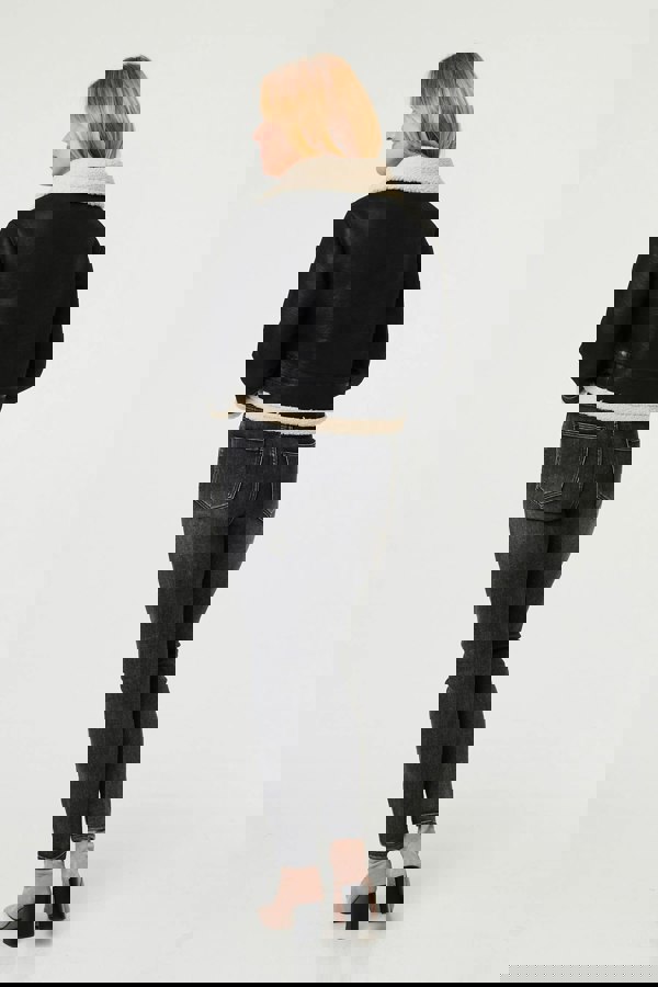 Black | Faux Suede Teddy-Lined Cropped Jacket
