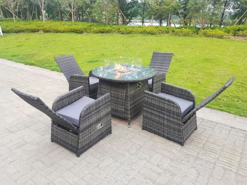 Fimous Rattan Outdoor Garden Furniture Gas Fire Pit Dining Table Gas Heater Burner Reclining Table And Chair Sets 4 Seater Plus Round Table