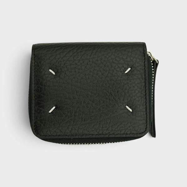 Supplied Fashion black leather coin pouch featuring signature white four-stitch detailing and a side zipper closure.