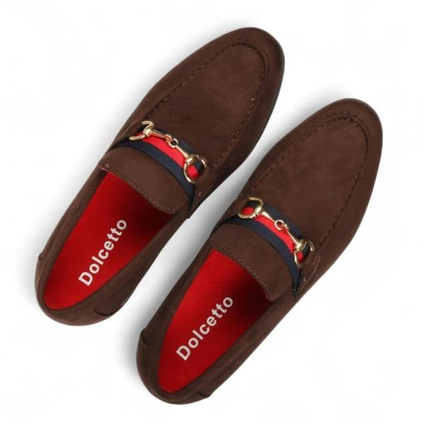 Dolcetto Men's Suede Loafers with Gold Buckle Slip-On Dress Shoes
