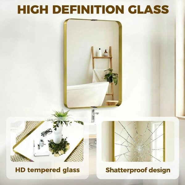 Rectangular Wall Mirror, 90 x 60 cm Wall Mounted Bathroom Mirror w/ Aluminium Alloy Frame and Tempered Glass, Gold Tone
