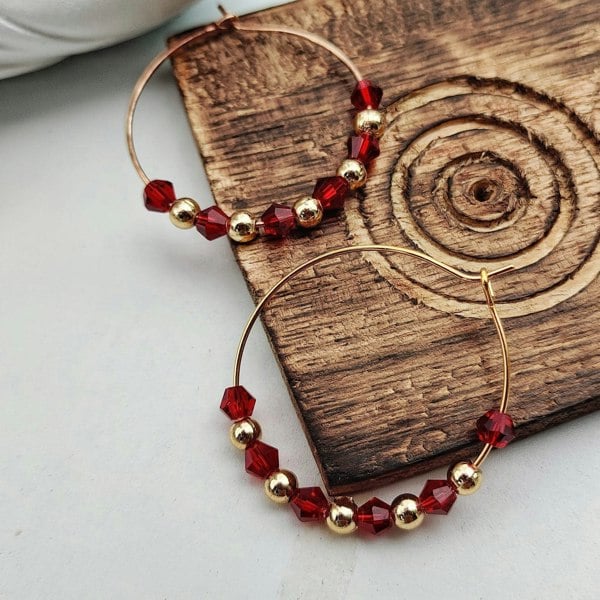 The Colourful Aura Gold Red Beaded 30mm Huggie Multicolour Dainty Boho Summer Hoop Bali Earring