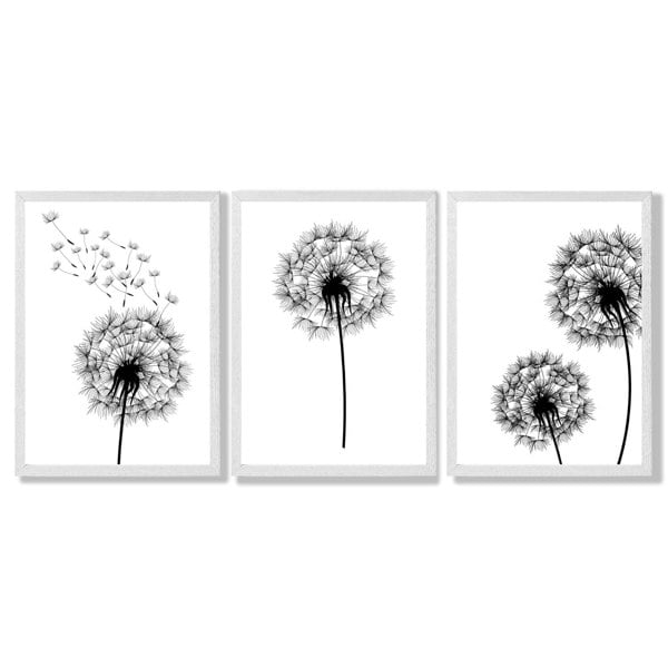 Artze Wall Art DANDELIONS Set of 3 Framed Sketch Wall Art Prints
