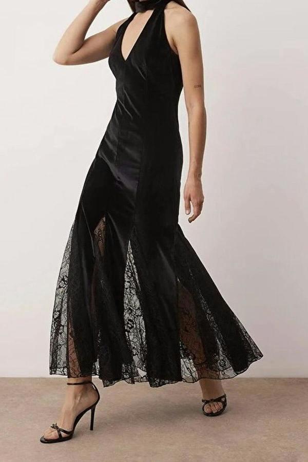 WOVCOR Lace Detail Knitted Velvet Maxi Dress Unlined