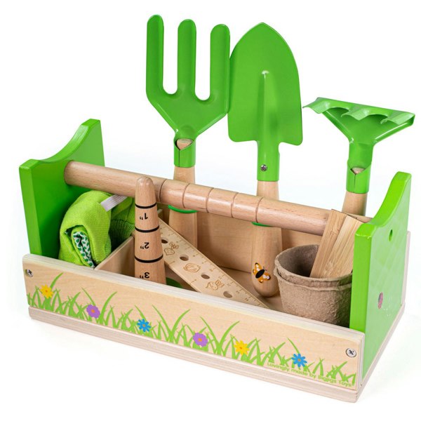 Bigjigs Toys Wooden Gardening Caddy, Includes Gardening Gloves And Tools