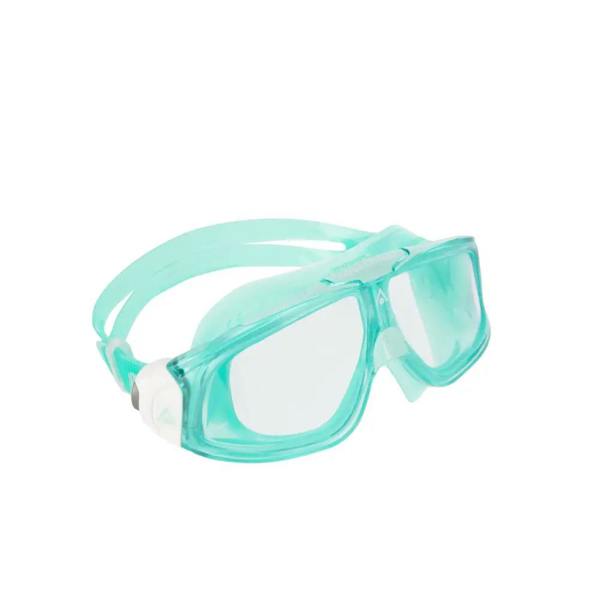 Teal and clear Aqua Sphere Seal 2.0 swim goggles with adjustable straps