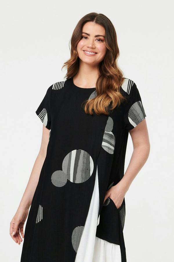 Black | Spotty Relaxed Hanky Hem Midi Dress