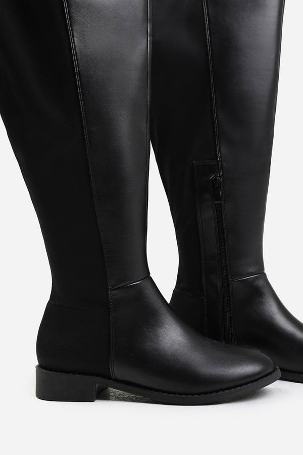 Where's That From Diem Stretch Wide Calf Over the Knee Boots in Wide E Fit in Black Faux Leather