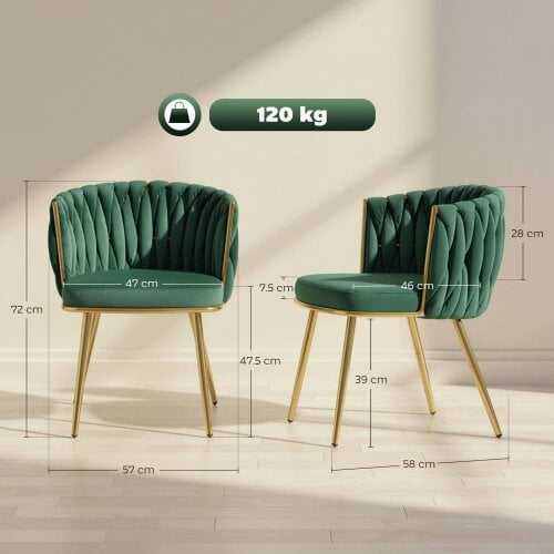 Wyld Haus Sosura Set Of 2 Dark Green Velvet Upholstered Dining Chairs With Woven Backrest