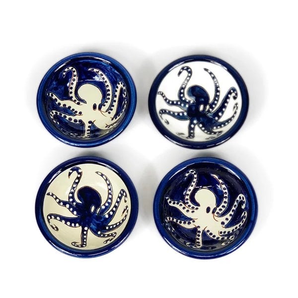 Verano Spanish Ceramics Signature - Blue & White Octopus - Mini Tapas Bowls Sets of 4
