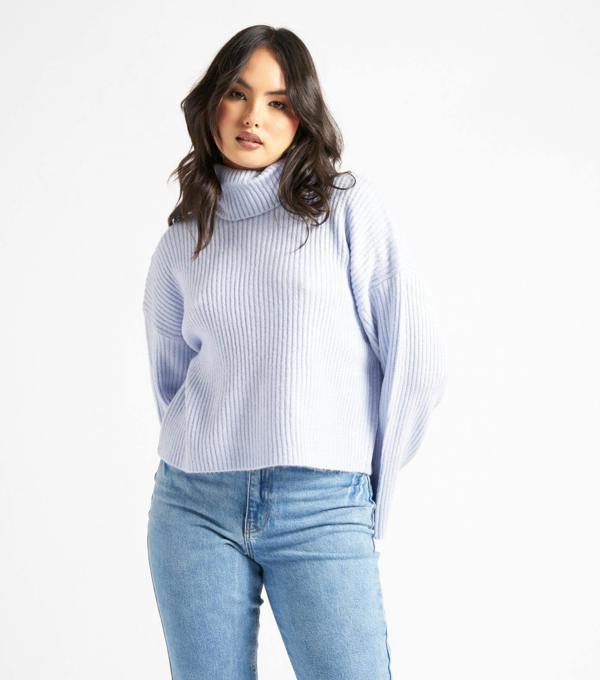 Urban Bliss Blue Crop Roll Neck Wide Rib Jumper