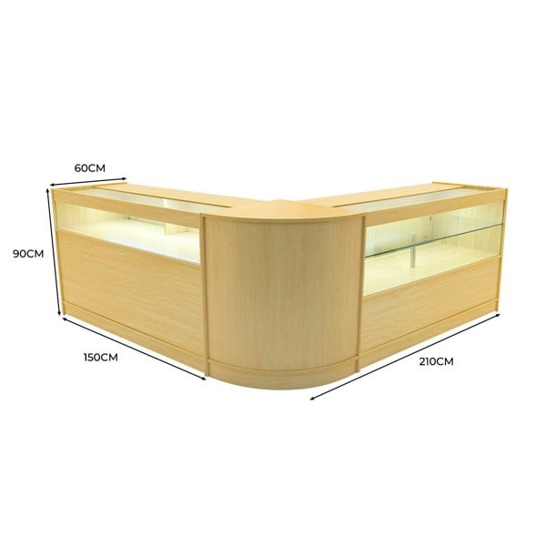 Adonis LED Shop Counter Set in maple finish, featuring a curved design, glass display sections, and LED lighting for enhanced visibility
