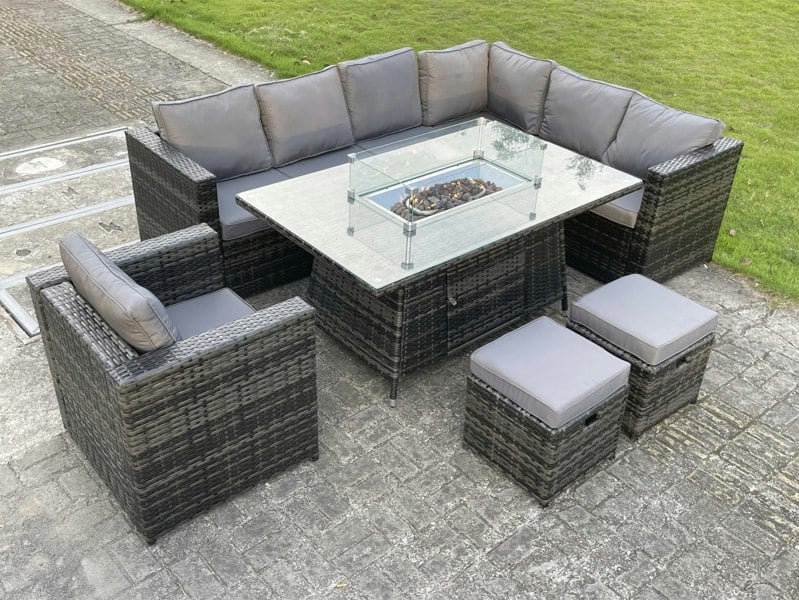 Fimous Outdoor Rattan Garden Furniture Corner Sofa Set Gas Fire Pit Table Dining Sets Gas Heater Burner Lounge Footstools Chair Dark Grey 9 Seater