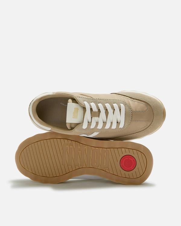 FitFlop Womens Retro - Q FF Fabric/Suede Trainers - Cappuccino/Cream E08 | CHO | Designer Womens Trainers
