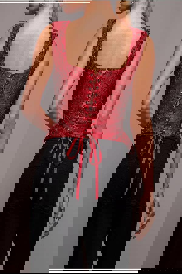 Sleeveless Jacquard Lace Up Back Corset - Red T265