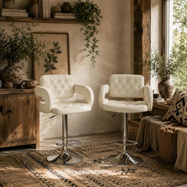 Wyld Haus Senoke Faux Leather White Adjustable Swivel Bar Stools Set Of 2 With Back And Arm Support