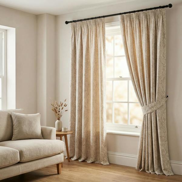 Murcia made-to-measure curtains in Chalk, styled in a living room