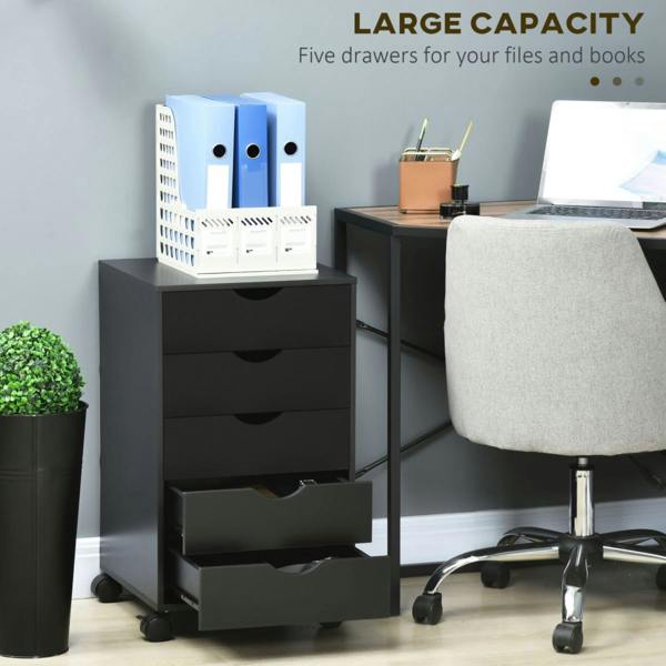 Dyzi Mobile 5 Drawer Filing Cabinet Office Storage Unit with Wheels Black