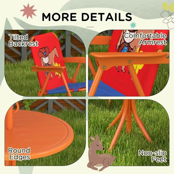 Kids cowboy chair and round table details: backrest, armrests, non-slip feet