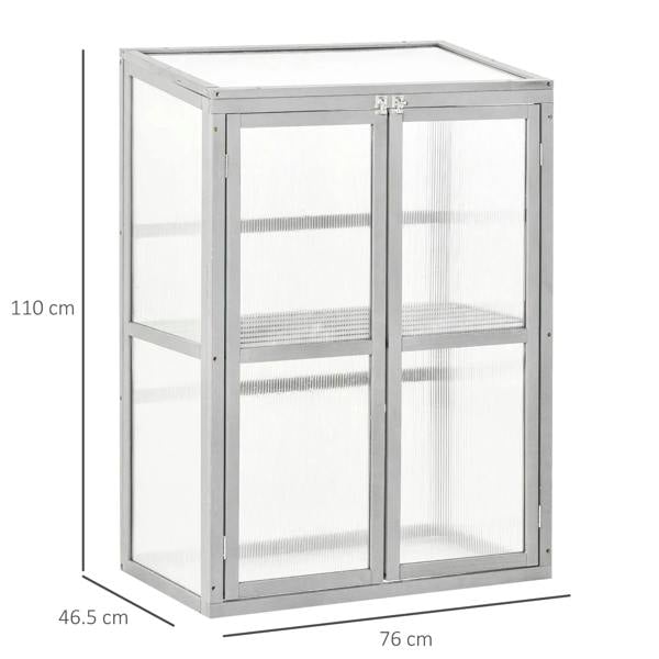 Light grey cold frame greenhouse with double doors and clear polycarbonate glazing
