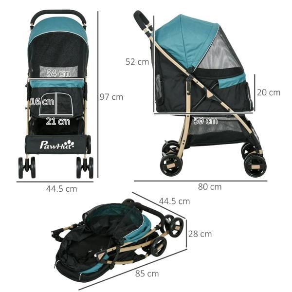 Pet stroller dimensions diagram: teal canopy, black frame, and front wheels