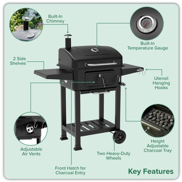 Dellonda Charcoal Grill BBQ Smoker & Trolley with 2 Side Shelves, Black - DG283