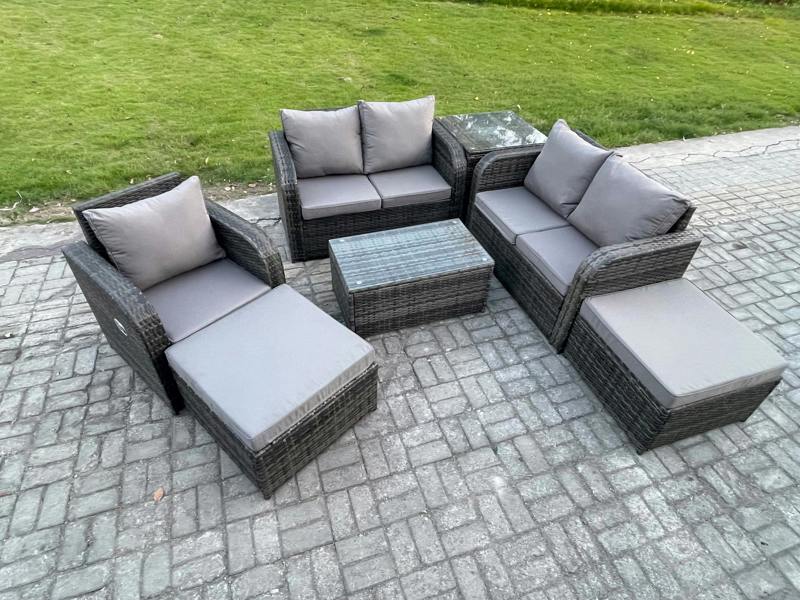 Fimous 7 Seater High Back Patio Set, Loveseat Sofa, Coffee Table, 2 Big Footstools and Side Table, Indoor Outdoor Lounge, Dark Grey Mixed
