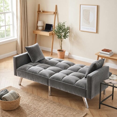 Kosy Koala Sofa Bed 2 Seater Grey Velvet Click Clack Sofa Settee Recliner Couch with Metal Legs Living Room Furniture