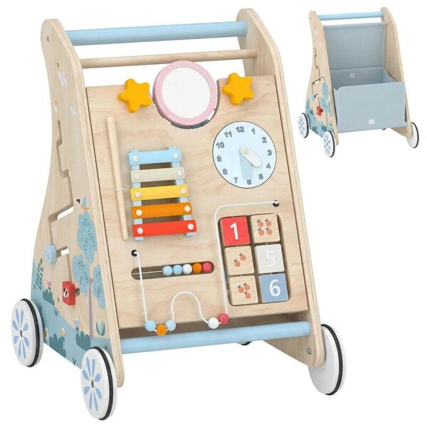 Wooden Baby Walker with Detachable Double-Sided Activity Board, Push Along Walker, Gift for Boys Girls 1-3 Years