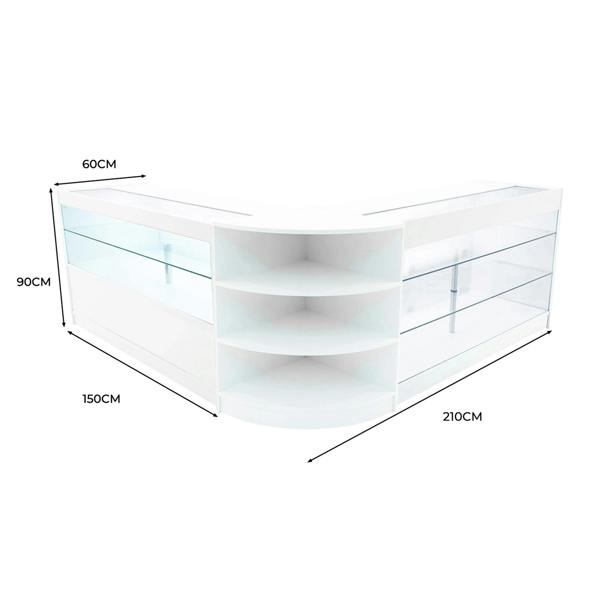Curved white LED shop counter set with glass display shelves, measuring 210cm wide, 150cm long, and 90cm tall, ideal for retail spaces