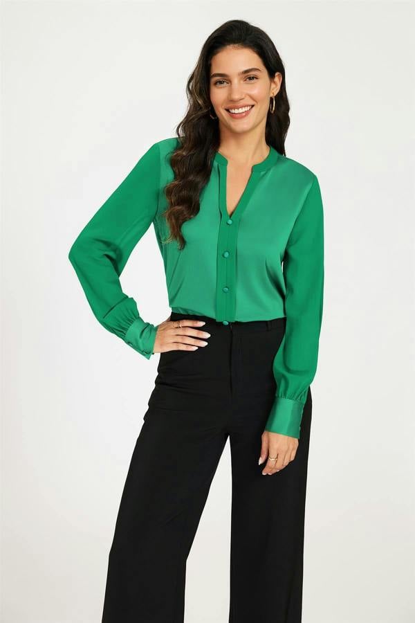 FS Collection Long Sheer Sleeve Satin Notch Neck Blouse Top In Green