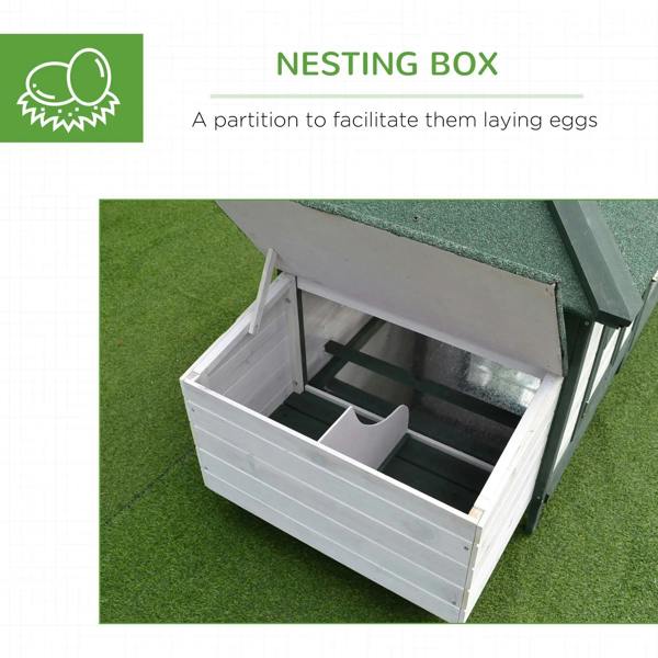 Nesting box compartment of a green and white chicken coop with hinged top