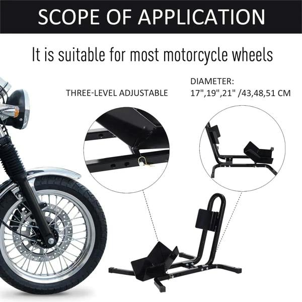 Adjustable motorcycle wheel chock stand with front cradle for most wheel sizes