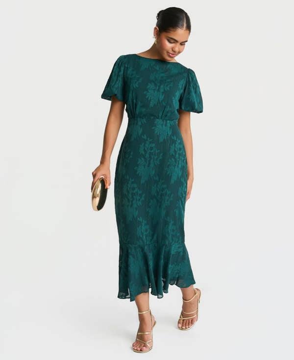 Needs No Label Forest Green Jacquard Puff Sleeve Midi Dress