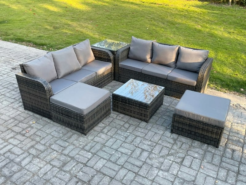 Fimous 8 Seater Outdoor Rattan Garden Furniture Set Conservatory Patio Sofa Coffee Table With 2 Big Footstool Side Table Dark Grey Mixed