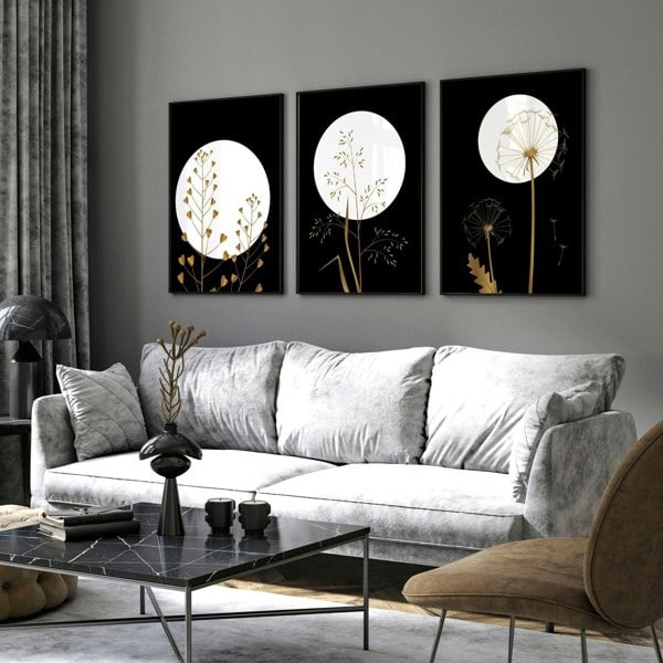 Black wall art for living room | set of 3 wall art prints