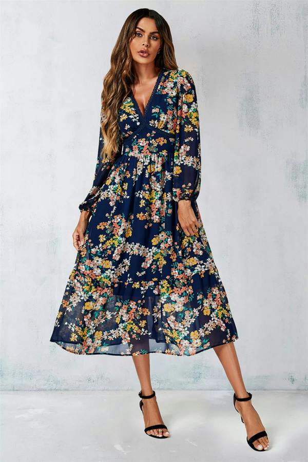 FS Collection Floral Print Long Sleeve Maxi Dress In Navy