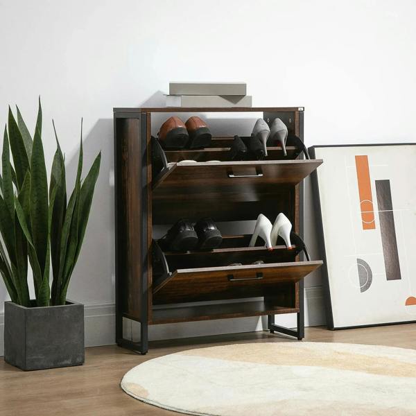 Rustic brown shoe cabinet with flip door open and three-tier shoe storage racks